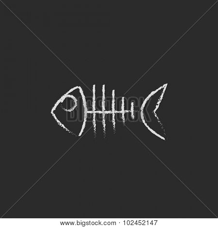 Fish skeleton hand drawn in chalk on a blackboard vector white icon isolated on a black background.