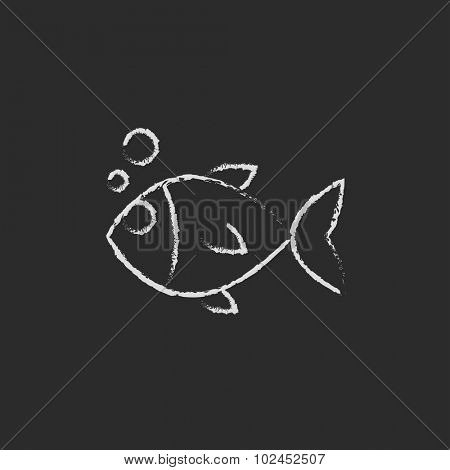 Little fish under water hand drawn in chalk on a blackboard vector white icon isolated on a black background.