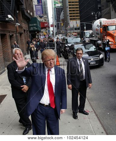 NEW YORK CITY - TUESDAY, SEPTEMBER 22, 2015: Republican presidential candidate Donald Trump arrives for a taping of CBS television's The Late Night with Steven Colbert. 