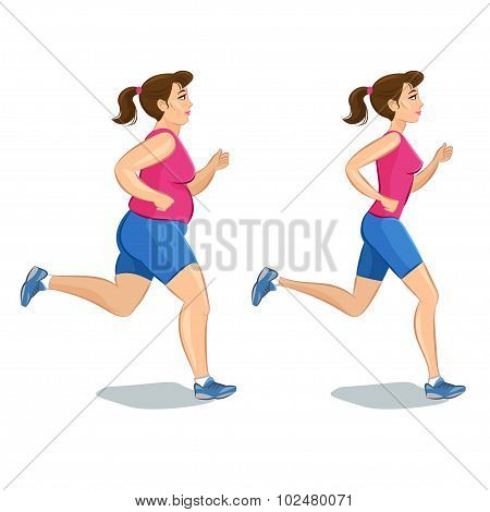 Sporty Jogging Woman, Before And After,loss Weight Cardio Training. Vector Illustration.