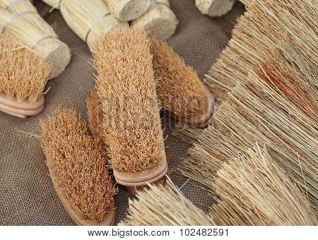 Brooms And Brushes Of Sorghum At The Market