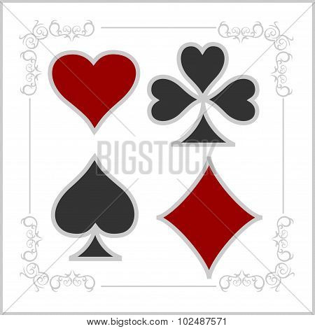 Playing card symbols with shadows. Vector set.