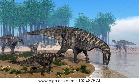 Iguanodon dinosaurs herd at the shoreline - 3D render