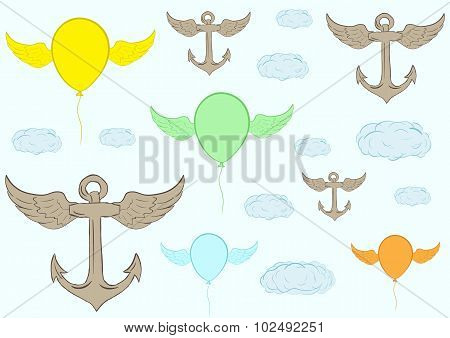 Winged balloons and anchors
