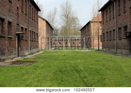 OSWIECIM, POLAND - APRIL 16 2015: Buildings in the former German concentration camp in Oswiecim Poland Oswiecim was the largest German concentration camp in Poland during World War II.