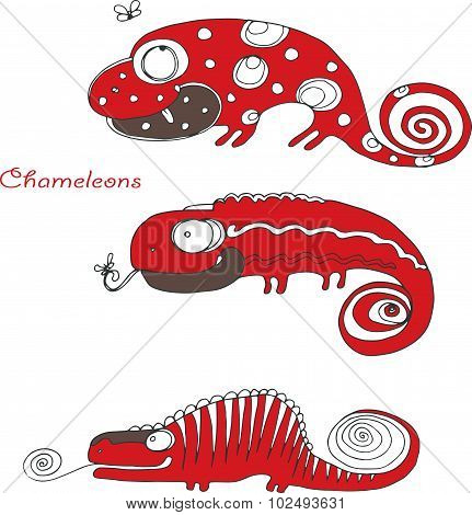 vector hand drawing funny red chameleons