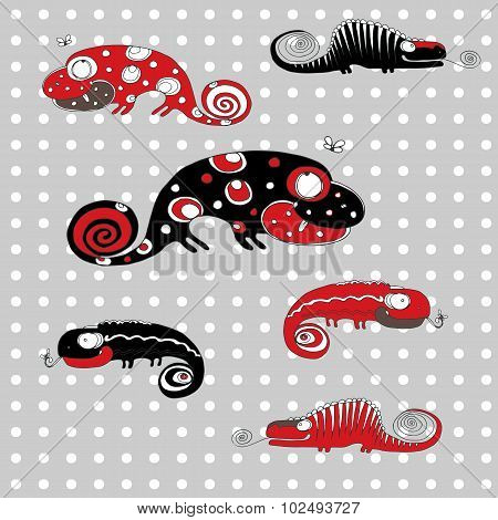 vector hand drawing funny red chameleons