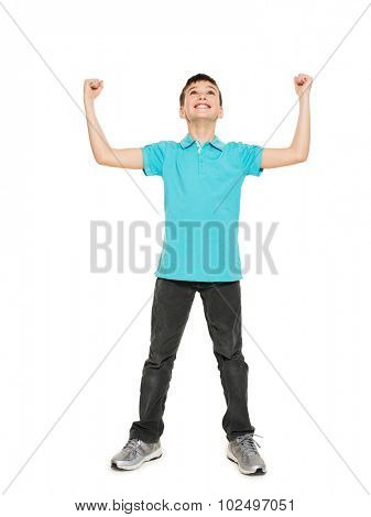 Portrait of  laughing happy teen boy  with raised hands up - isolated on white background