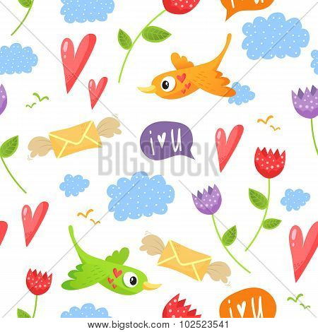 Romantic Seamless Pattern With Birds, Hearts, Flowers, Clouds, Speech Bubbles And Envelopes