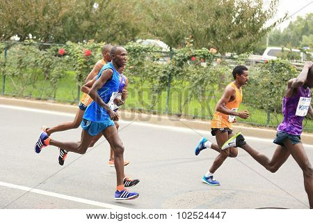 Marathon runners running on city road