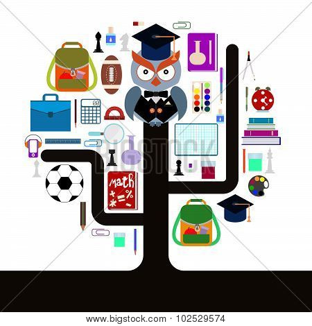 Back to school. Owl with school supplies. Tree of knowledge. Flat design.