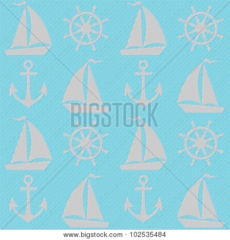 Blue Seamless Pattern With Boats, Anchors And Helms.