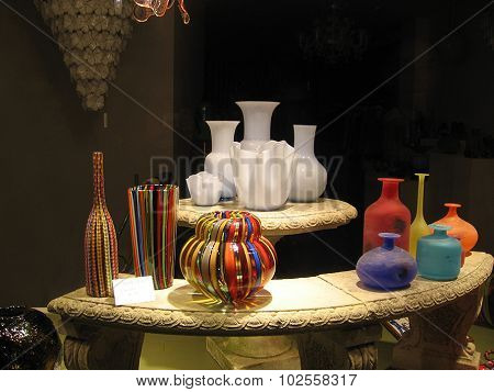 Glass vases on a stone table