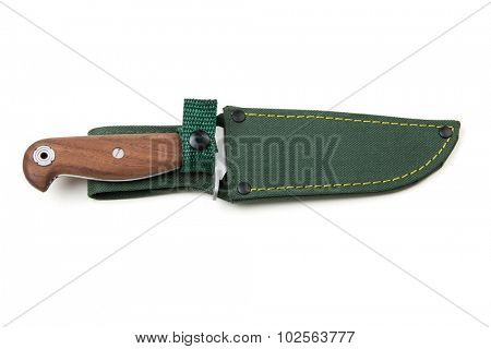 hunting knife with wooden handle and scabbard, isolated on white background