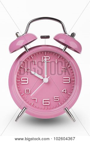 Pink Alarm Clock With Hands At 10 Am Or Pm isolated on white background