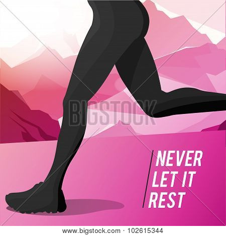 Silhouette of a running girl athlete on the background of mountains with stylish typographic. Vector