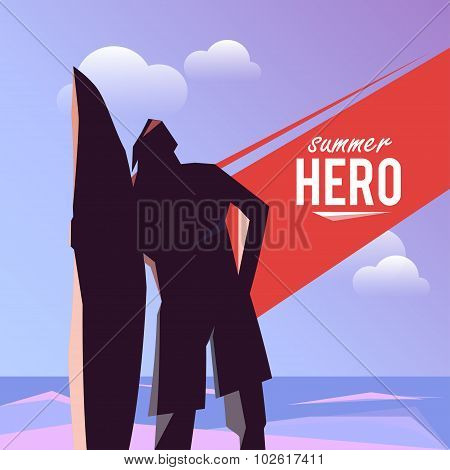 Vector summer holiday background with stylish typography. Silhouette of a surfer who keeps board for