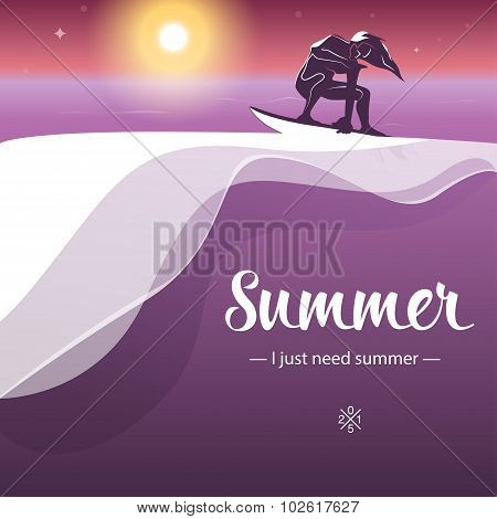 Vector summer holiday background with stylish typography. Surfer riding the waves. Beautiful summer