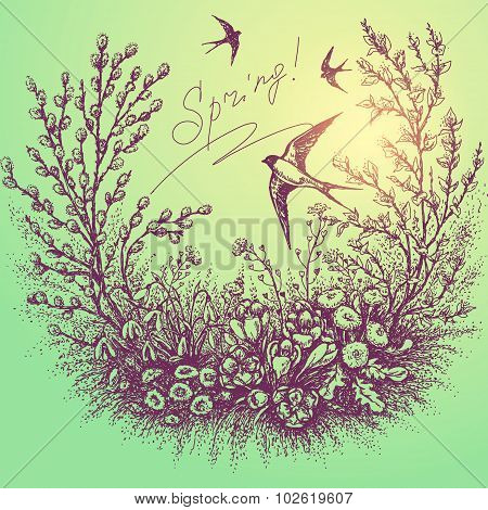 Spring Floral Frame With Swallows