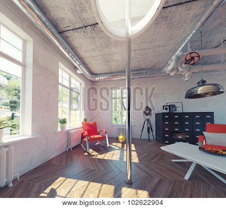 the modern loft interior with fire pole concept design (3d render)