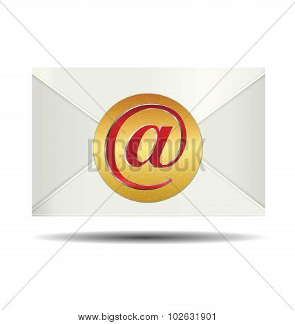 Red Email Sign On Gold Plate And Closed White Envelope
