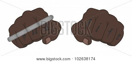 Clenched black man fists with tattoo and brass-knuckle