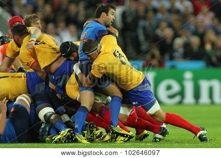LONDON, ENGLAND - SEPTEMBER 23 2015 The 2015 Rugby World Cup Pool D match between France and Romania at The Stadium, Queen Elizabeth Olympic Park.