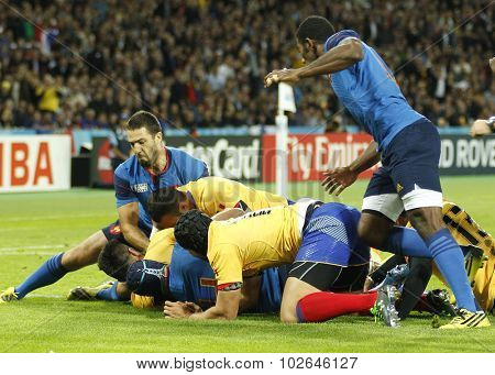 LONDON, ENGLAND - SEPTEMBER 23 2015 The 2015 Rugby World Cup Pool D match between France and Romania at The Stadium, Queen Elizabeth Olympic Park.