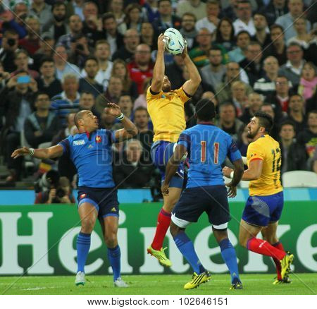LONDON, ENGLAND - SEPTEMBER 23 2015 The 2015 Rugby World Cup Pool D match between France and Romania at The Stadium, Queen Elizabeth Olympic Park.