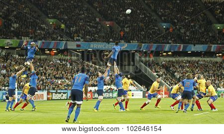 LONDON, ENGLAND - SEPTEMBER 23 2015 The 2015 Rugby World Cup Pool D match between France and Romania at The Stadium, Queen Elizabeth Olympic Park.