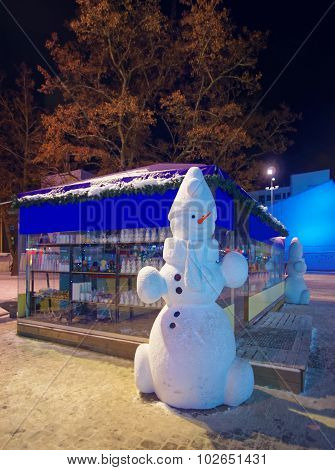 Snowman Figures At The Desrted Christmas Market