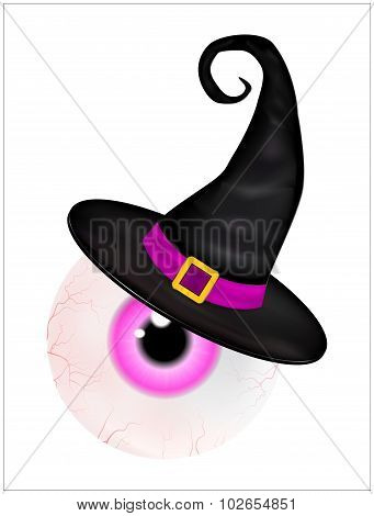 Image Of  Halloween Spooky, Scary, Realistic Human Eyeball With Colorful Pupil, Iris In Wich Hat. Ve