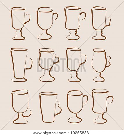 Sketch set coffee and latte cups design elements