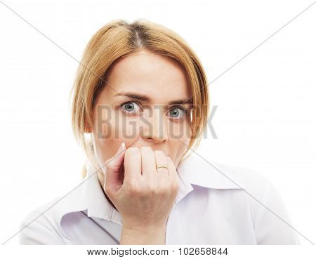 Portrait of scared young woman isolated on white