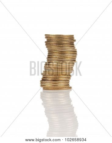 disjointed stack of gold coins isolated on white backdrop