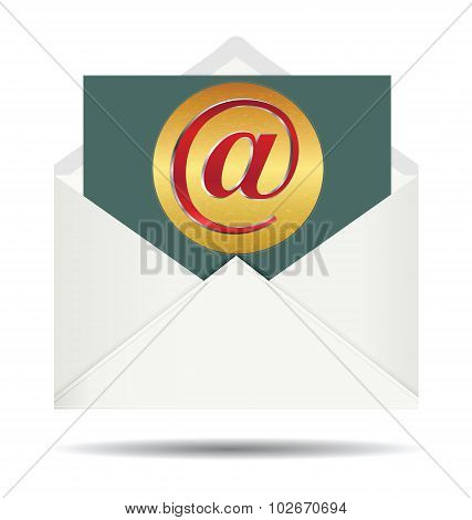 Red Email Sign On Gold Plate And Opened White Envelope