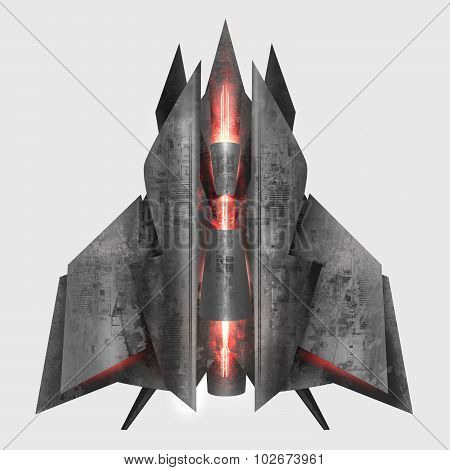 Isolated futuristic grey metal spaceship vehicle with red neon elements & light illustration.