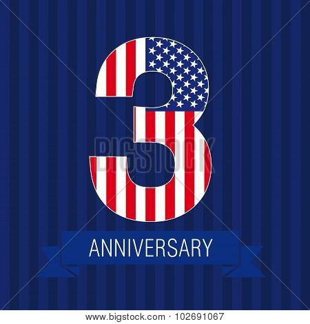 Anniversary 3 US flag logo. Template of celebrating icon of 3 d place as American flag. USA numbers in traditional style on striped abstract blue background. United States figure three.