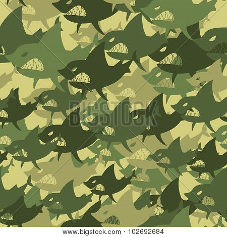 Military Texture Shark. Soldiers Protective Camouflage Fish. Seamless Background Of Army Green And B