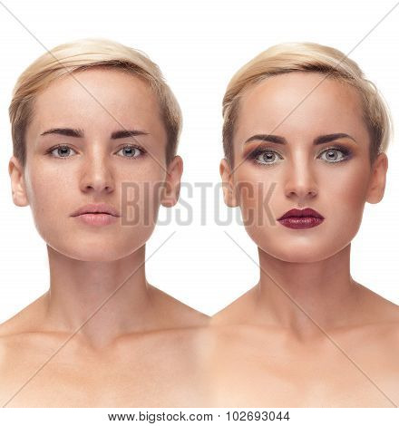 Girl With And Without Make Up Before After Concept