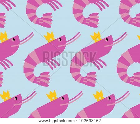 Royal Shrimp In Crown Of Seamless Background. Giant Sea Cancroid For Eating. Vector Pattern Food.