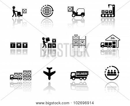 set logistic icons with mirror reflection silhouette