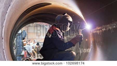 Welder Weld Root Weld From Inside Of Big Pipe