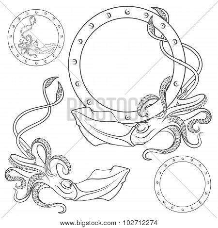 Set of black and white illustrations with squid on a white background