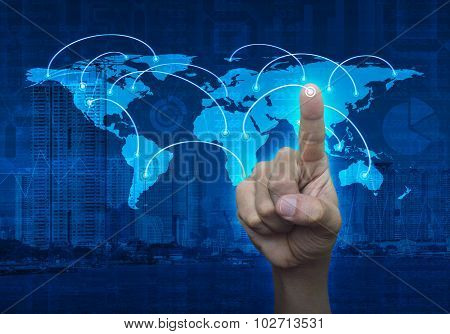 Finger Touching On The Touch Screen With World Map And City Background, Elements Of This Image Furni