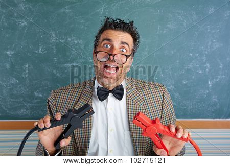 Nerd electronics technician retro teacher silly expression working battery clamps