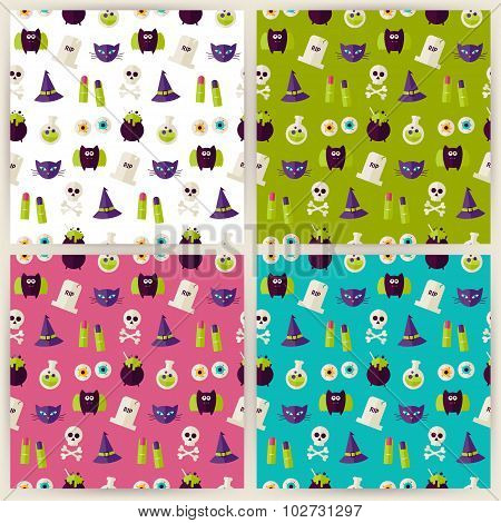 Flat Magic Halloween Witch Seamless Pattern Set