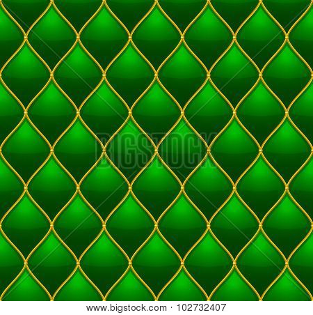 Green with Gold Quilted Leather Seamless Background. Vector