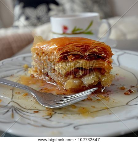 Picture of a Homemade turkish baklava with walnits