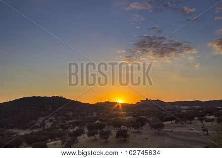 Sunset Countryside Landscape Scenic View Of Medieval Noudar Castle, In The Alentejo region.